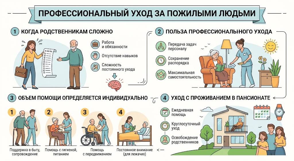 Инфографика: круглосуточный уход за пожилыми родственниками и бытовая поддержка